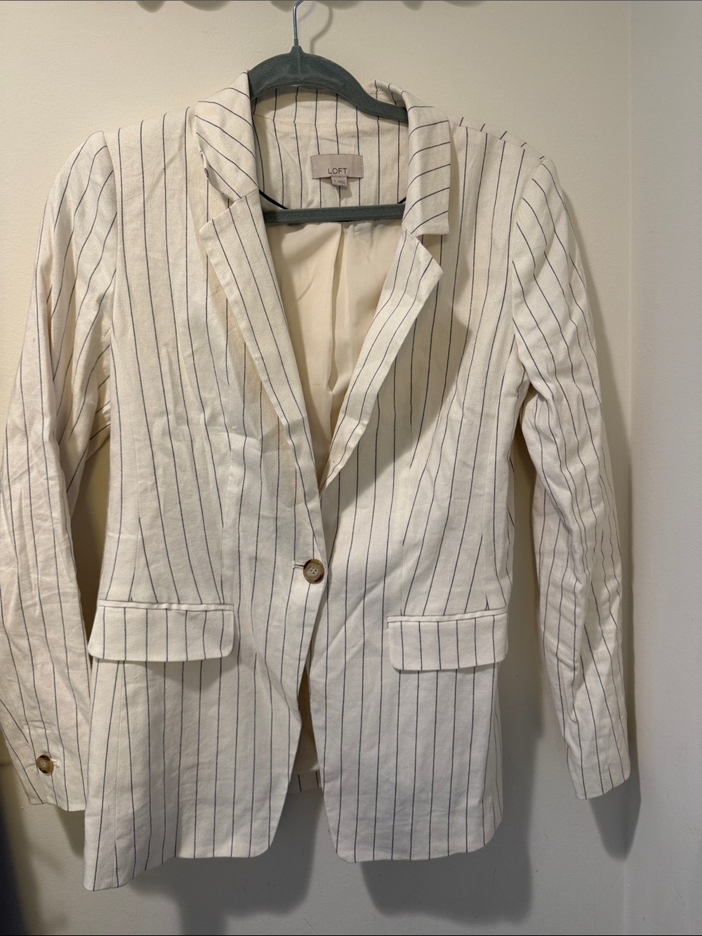 LOFT Cream Blazer with Navy Pinstripes